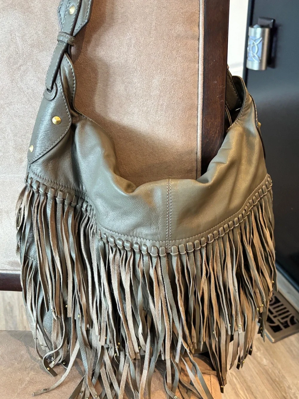 Fringed B’ Makowsky Leather Hobo Bag in gray